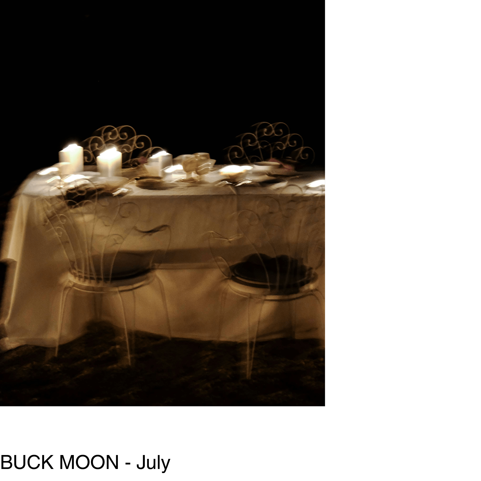a blurred photo shows a table and chairs outside in the moonlight