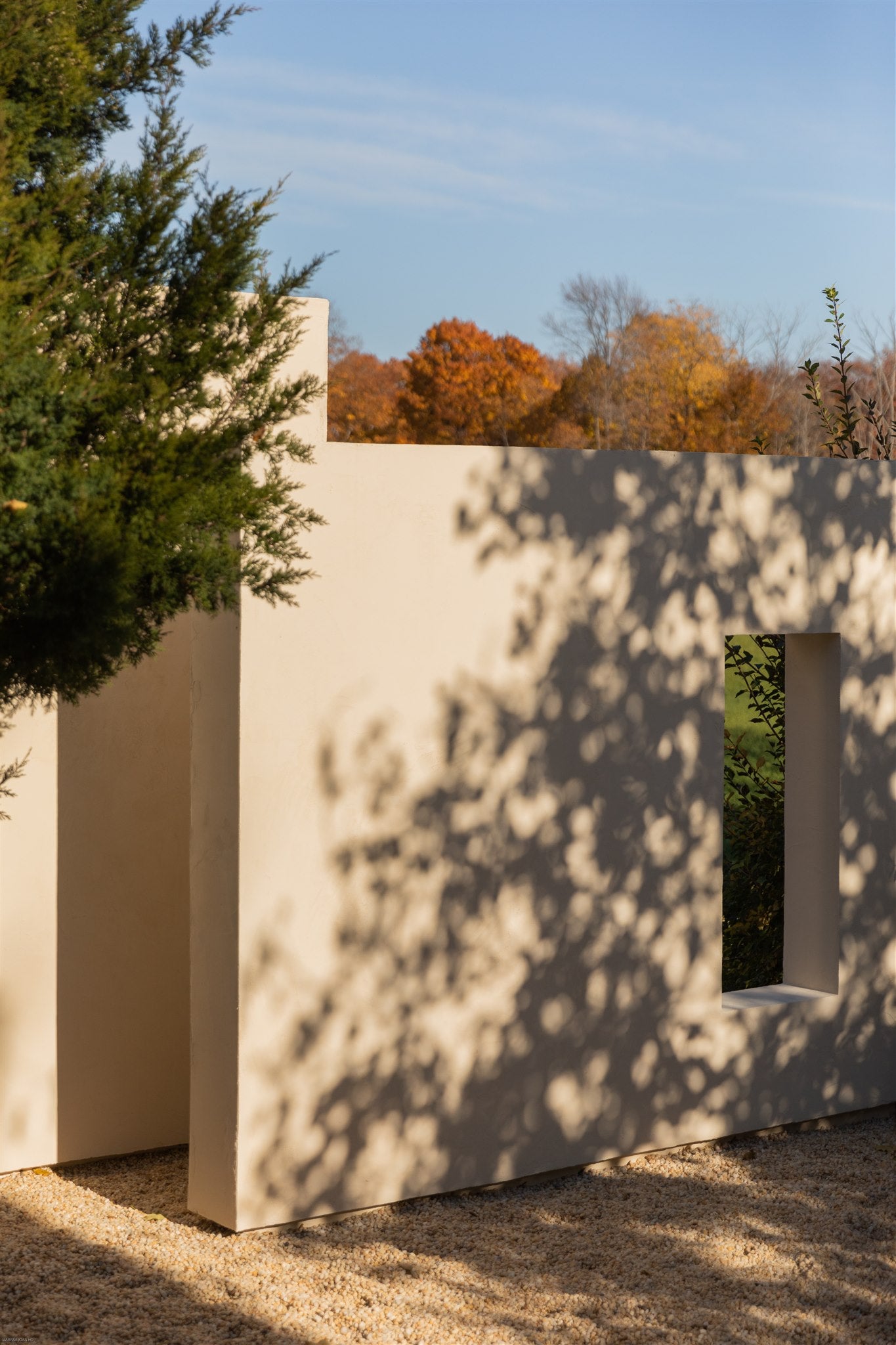 two stucco walls, one with large picture window in dappled light